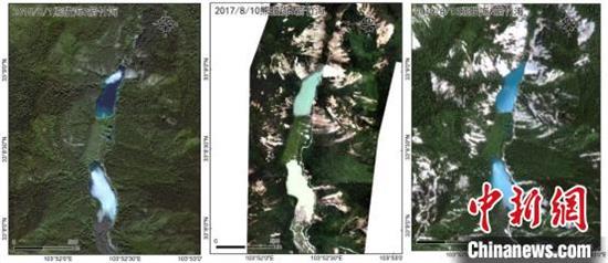 熊猫海与箭竹海的水体景观：地震前(2015年8月1日)、地震刚发生后(2017年8月10日)、震后两年(2019年8月16日)的遥感影像对比(从左至右)。中科院空天院付碧宏研究员团队 供图